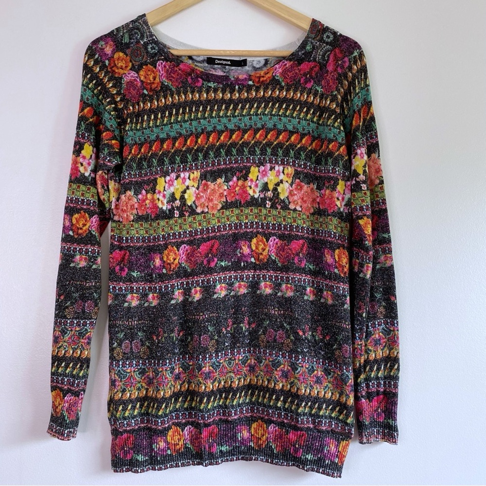 Desigual Multicolor Floral Striped Knit Sweater